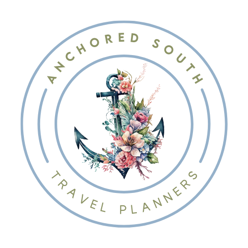 Anchored South Travel Planners logo blue anchor with colorful flowers