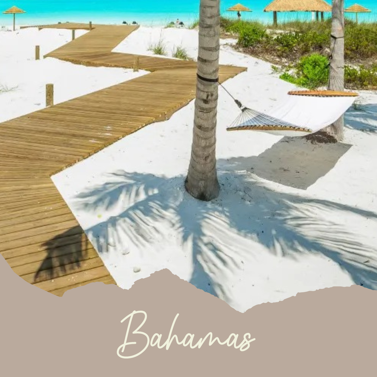 inviting wooden boardwalk leading to Exuma white sandy beaches, adorned with palm trees and pristine waters