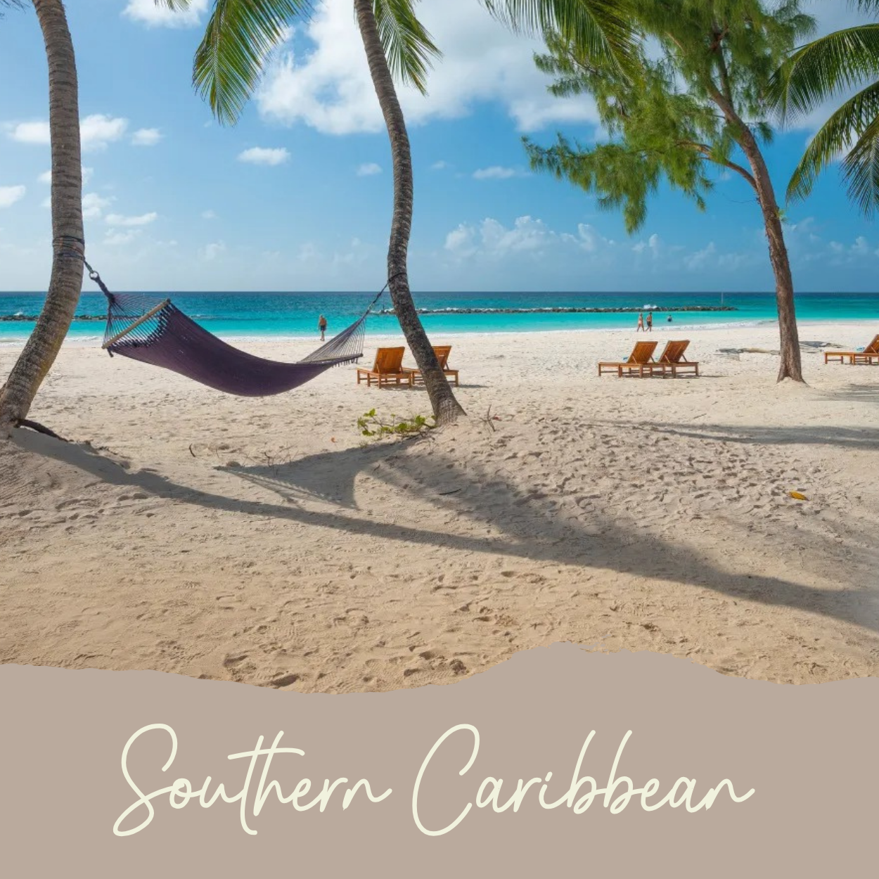 a hammock swinging between two palm trees with caribbean waters of Barbados in the distance