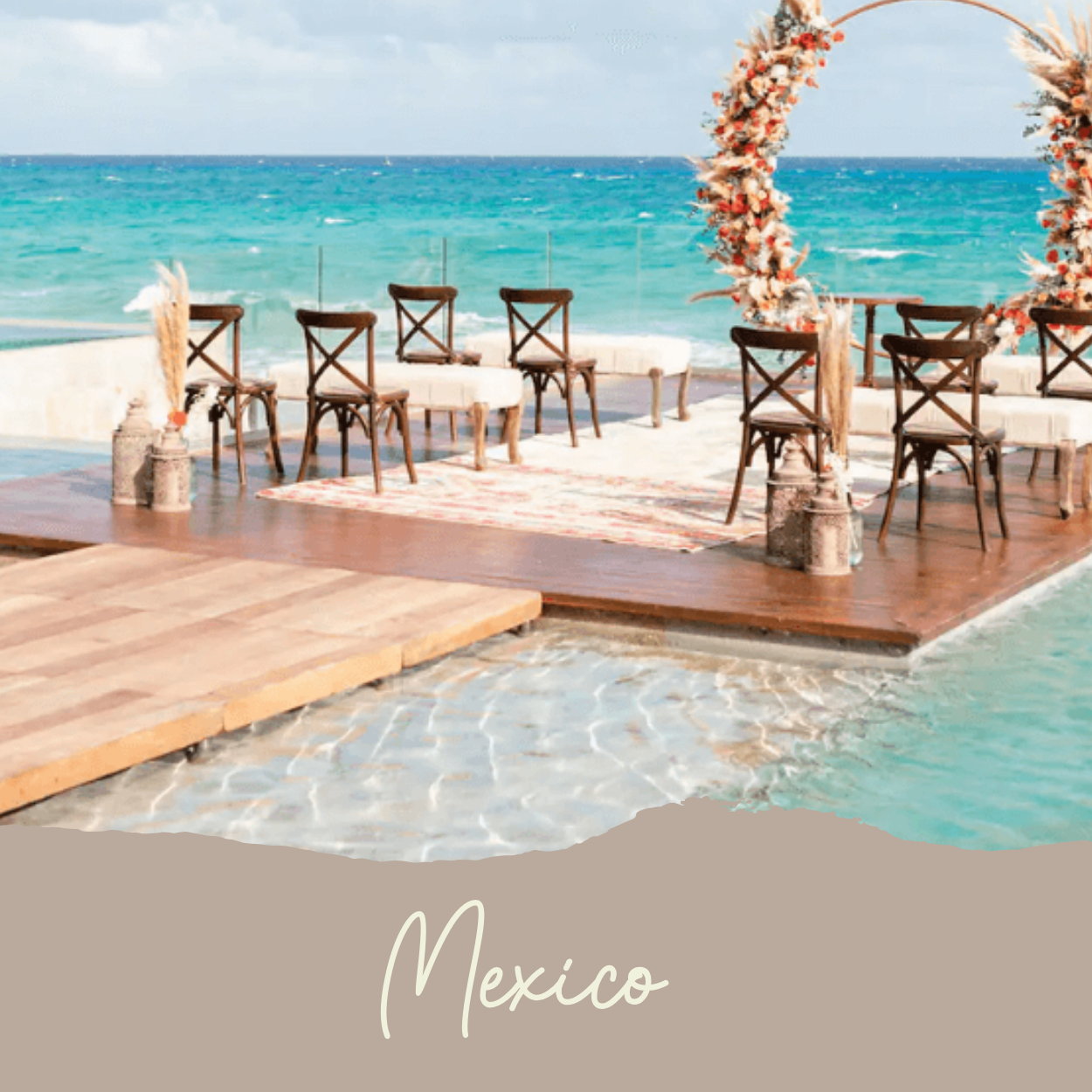 a beautiful destination wedding in mexico set to a backdrop of the ocean with round floral arch over the pool